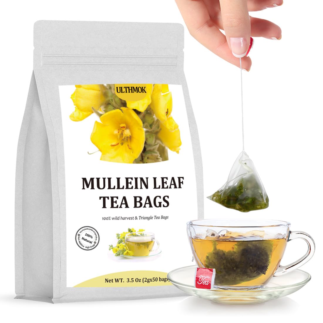 Premium 50 Mullein Leaf Tea Bags. Made with 100% Pure Mullein Leaves, for Lungs Cleanse and Respiratory Support, No Flavoring & No Additives