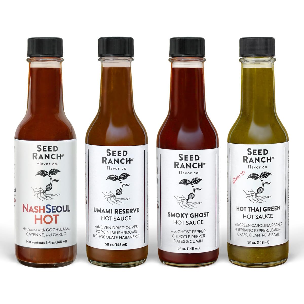 Seed Ranch Hot Sauce Variety Bundle, 4 Pack - Umami Reserve, Smoky Ghost, Thai Green, NashSeoul - Medium to Hot Heat, Organic Gourmet Hot Sauce