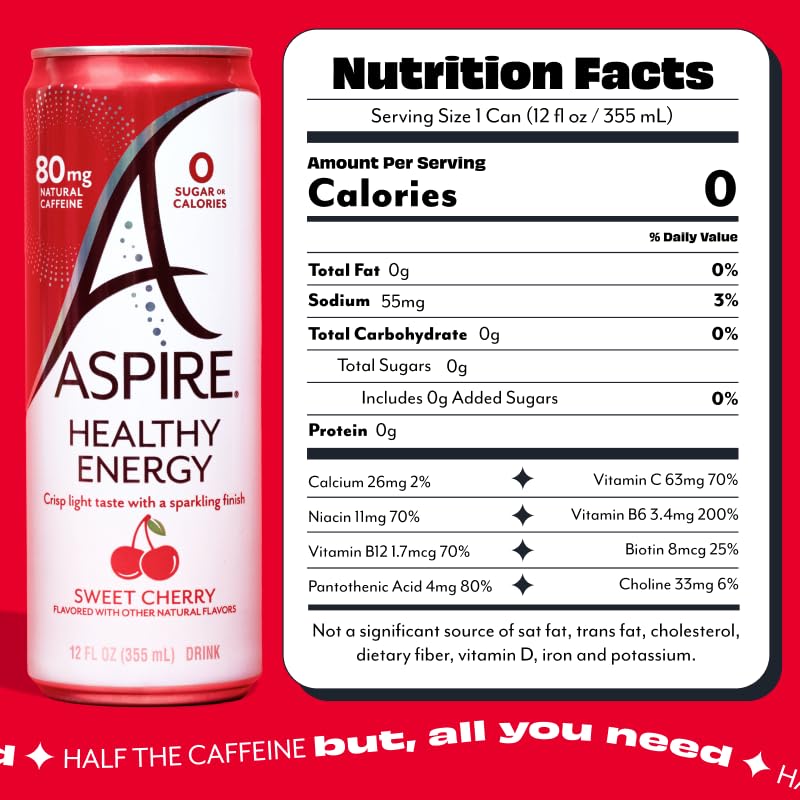ASPIRE® Sweet Cherry, Healthy Energy Drink 80mg Natural Caffeine, Zero Sugar No Carbs Keto Friendly, 12 Pack Green Tea Sugar Free Drink Low Caffeine