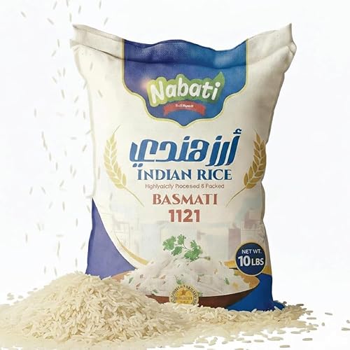Nabati Pure Basmati 1121 Indian Rice, Premium Aromatic and Authentic Rice, Large Resealable Bag, 10 Pound Bag, White
