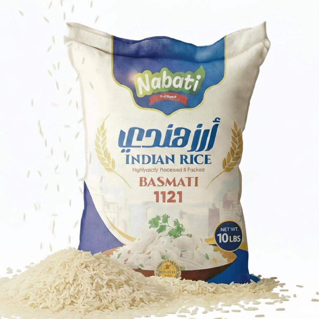 Nabati Pure Basmati 1121 Indian Rice, Premium Aromatic and Authentic Rice, Large Resealable Bag, 10 Pound Bag, White