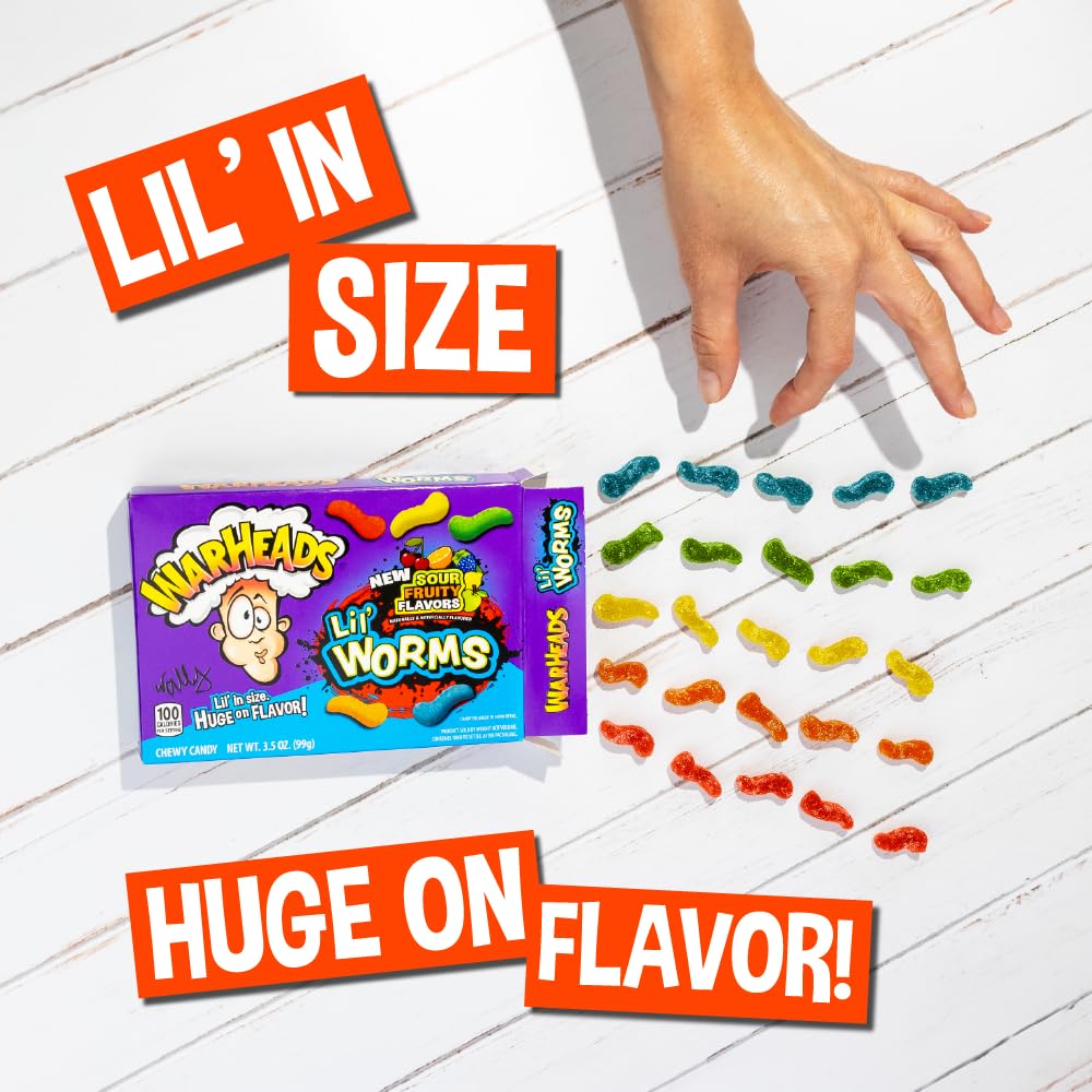 WARHEADS Lil' Worms - Sour Outside, Sweet and Chewy Inside - Black Cherry, Blue Raspberry & Green Apple Flavors - 3.5 oz. Theater Box