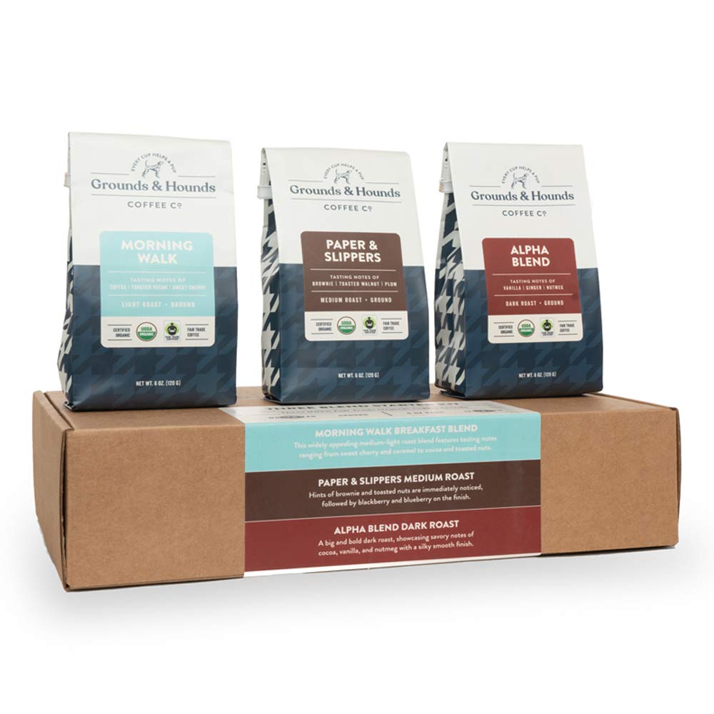 Grounds & Hounds Three Blend Starter Kit - Ground, 100% Organic Coffee Variety Pack, Bulk Ground Coffee, Includes Three 6oz Bags of Our Most Popular