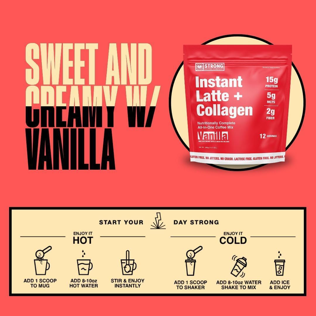 Strong Coffee Co. Vanilla Instant Latte Travel Pack | Organic Coffee with 15g Collagen Protein | Lion’s Mane & L-Theanine | Nootropic Instant Coffee |
