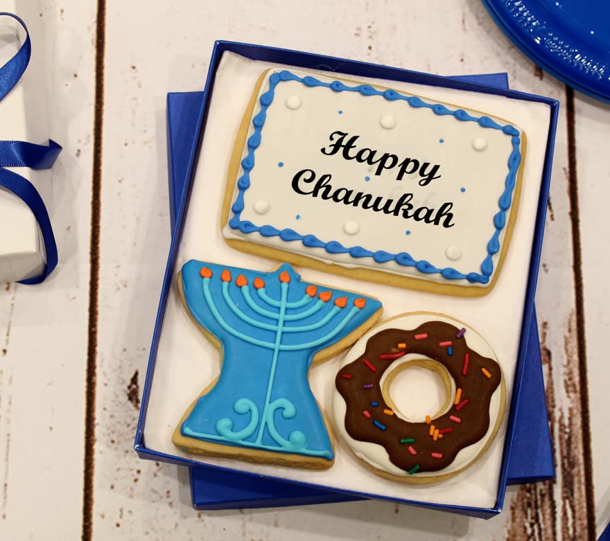 Hanukkah Cookie Gift Basket Hand Decorated Vanilla Sugar Cookies Gourmet Kosher Food Dessert Gift Box For Kids Adults Family Coworkers & Friends 3