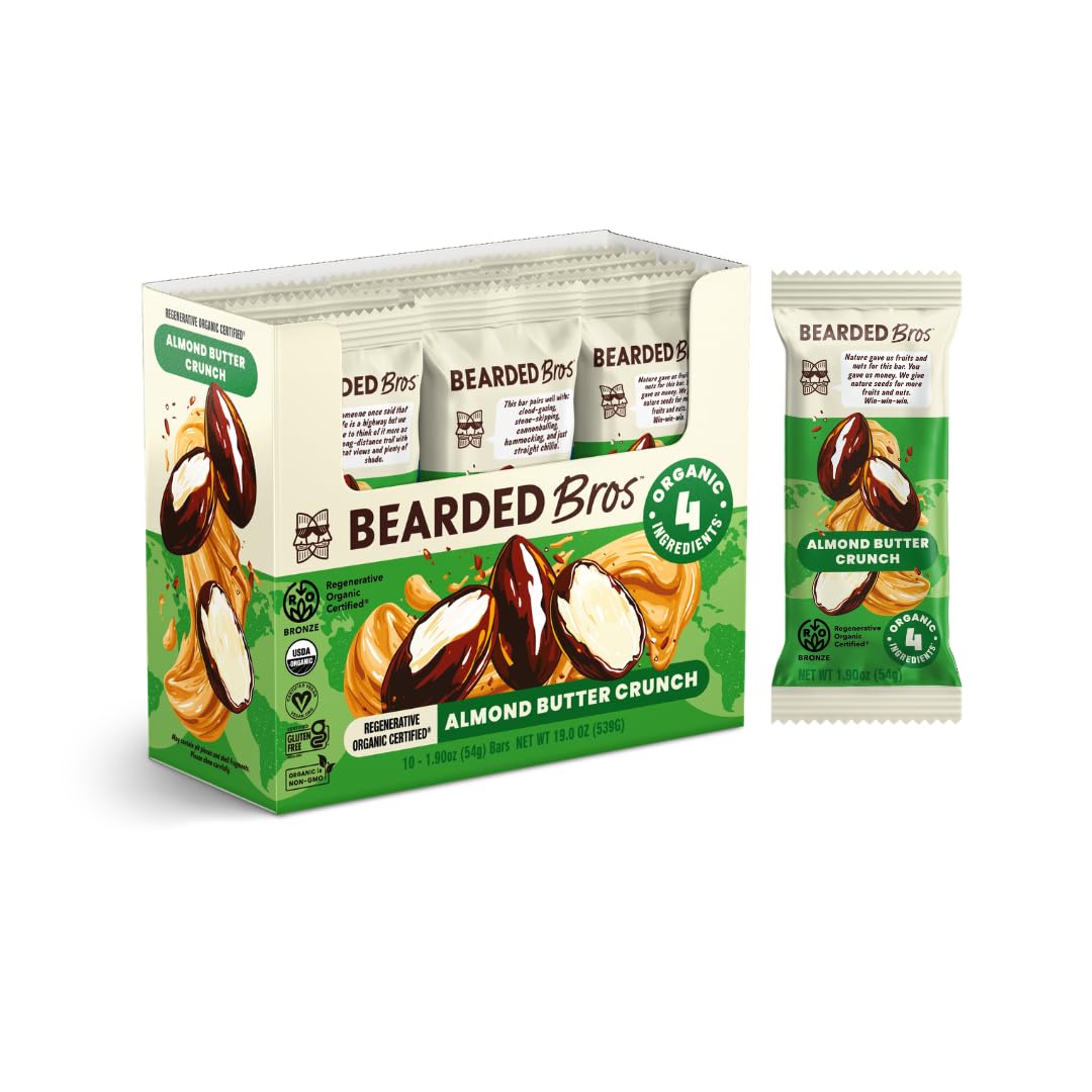 Bearded Brothers Organic Vegan Energy Bars - Gluten & Soy Free, Paleo, Whole 30 | Non GMO, Low Glycemic, High Protein, Fiber (10 Pack, Almond Butter