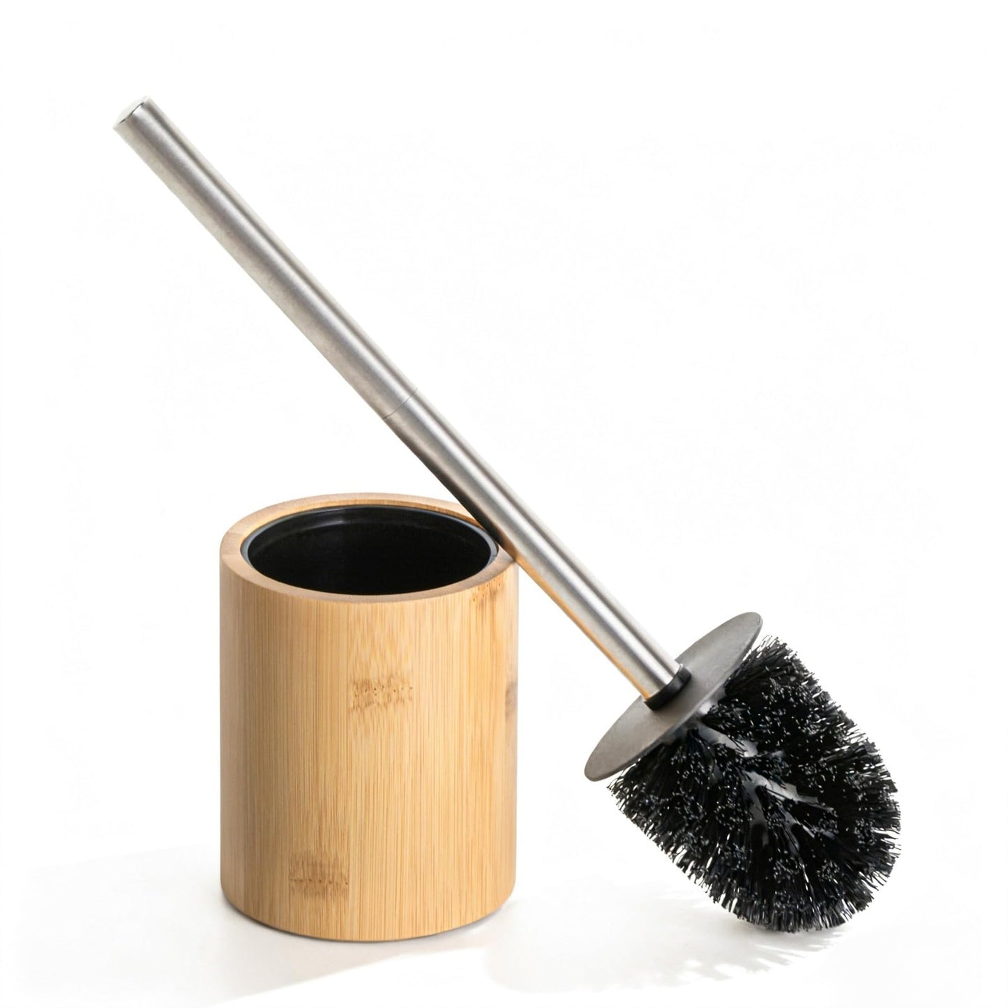 Round Bamboo Toilet Brush, Stainless Steel Long Handle, Freestanding Bathroom Cleaning Brush for Toilet Bowl