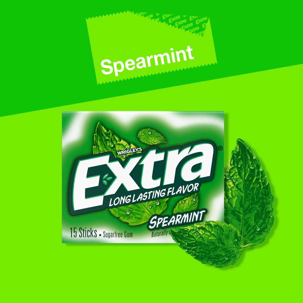 Extra, Spearmint Sugar Free Chewing Gum Grad Gifts Prom Essentials Mint Gum, 15 Stick Slim Pack, 15 Count