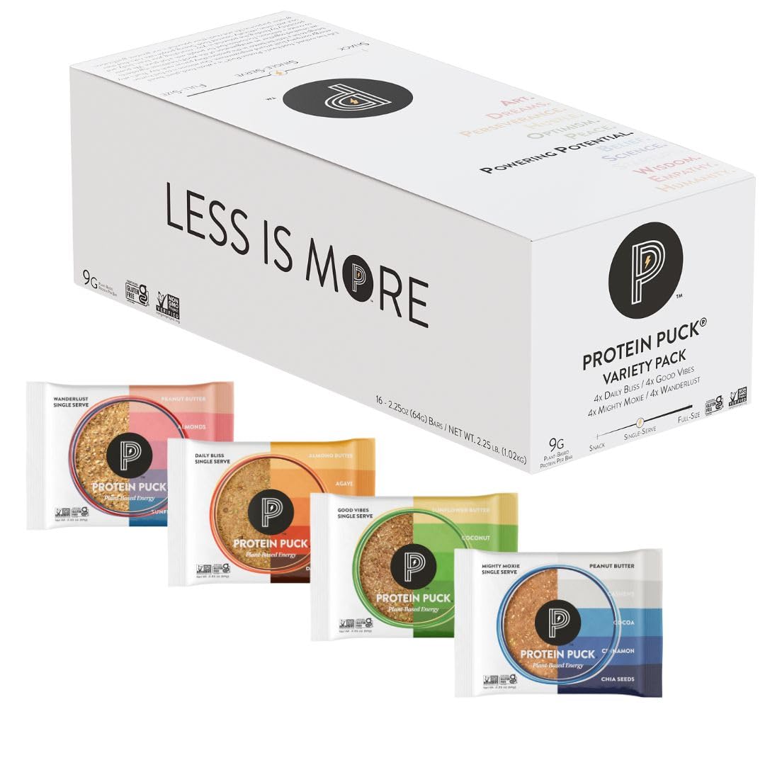 Protein Puck Plant Based Bars | Snacks with Vegan Protein | 16 Count | 2.25 oz Single Serve | Gluten Free, Non Dairy, Kosher Certified Non GMO Premium