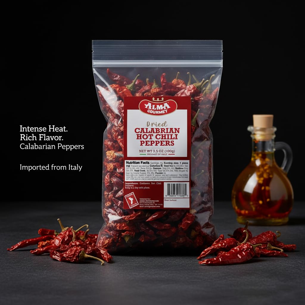 Alma Gourmet Whole Dried Calabrian Red Hot Chili Peppers - Peperoncino Secco Calabrese, Authentic Italian Spicy Peppers, Imported from Italy - 100