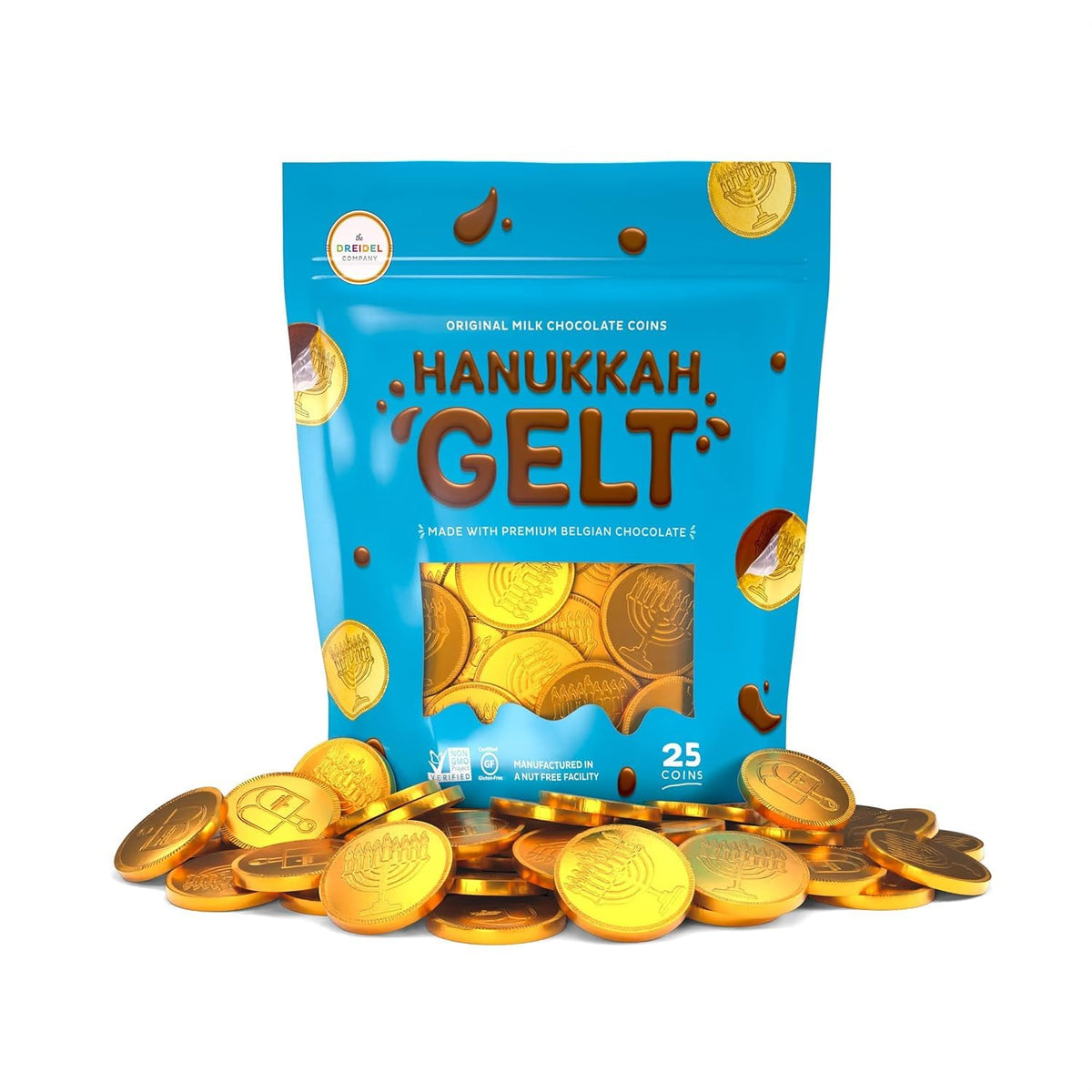 The Dreidel Company 25 Premium Belgian Chocolate Gelt Milk Chocolate Coins, Gold Hanukkah Gelt, with Menorah and Dreidel Design (24 Bags)
