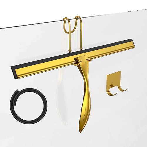 14-Inches Stainless Steel Shower Squeegee Set, Include Shower Door Hook, Adhesive Hook and Spare Silicone Blade, Window Squeegee for Shower Glass