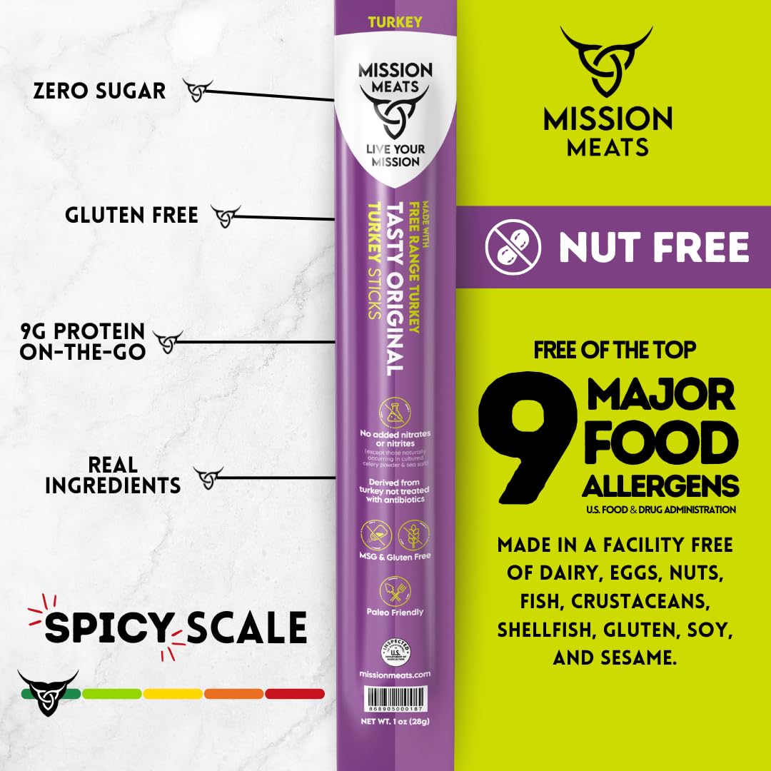 Mission Meats Turkey Sticks, 100% Free Range Turkey Jerky, Zero Sugar, Delicious Healthy Snacks, 9g Protein, Individually Wrapped, Gluten Free