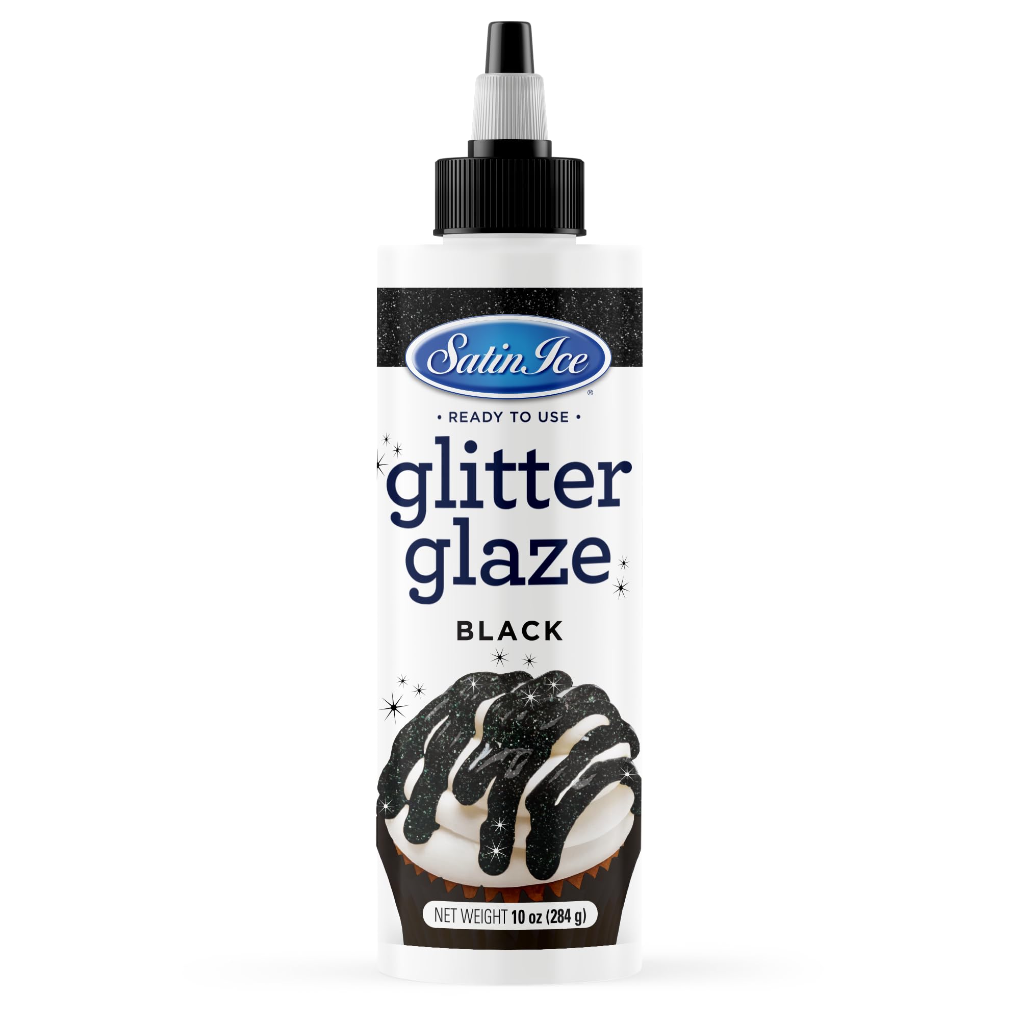 Satin Ice Black Glitter Glaze (10oz Bottle) For Decorating Cakes, Cupcakes, Brownies, and Doughnuts