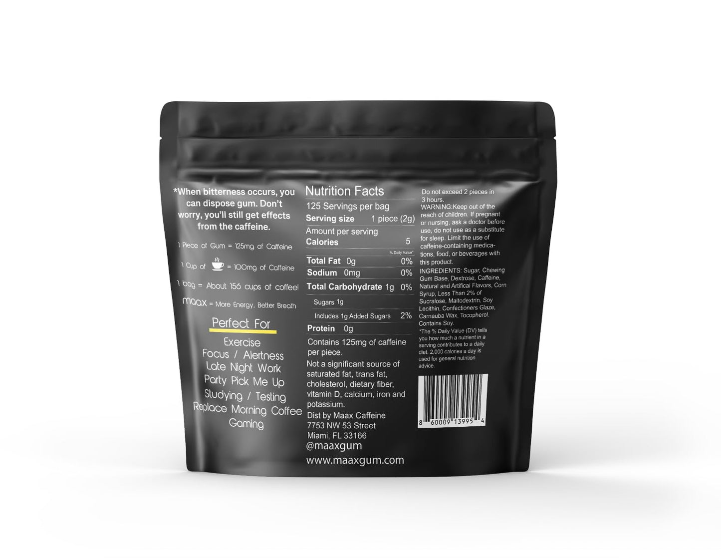 Maax Caffeine Energy Gum | 125mg of caffeine per piece | Tropical Mango | 125 total pieces per bag