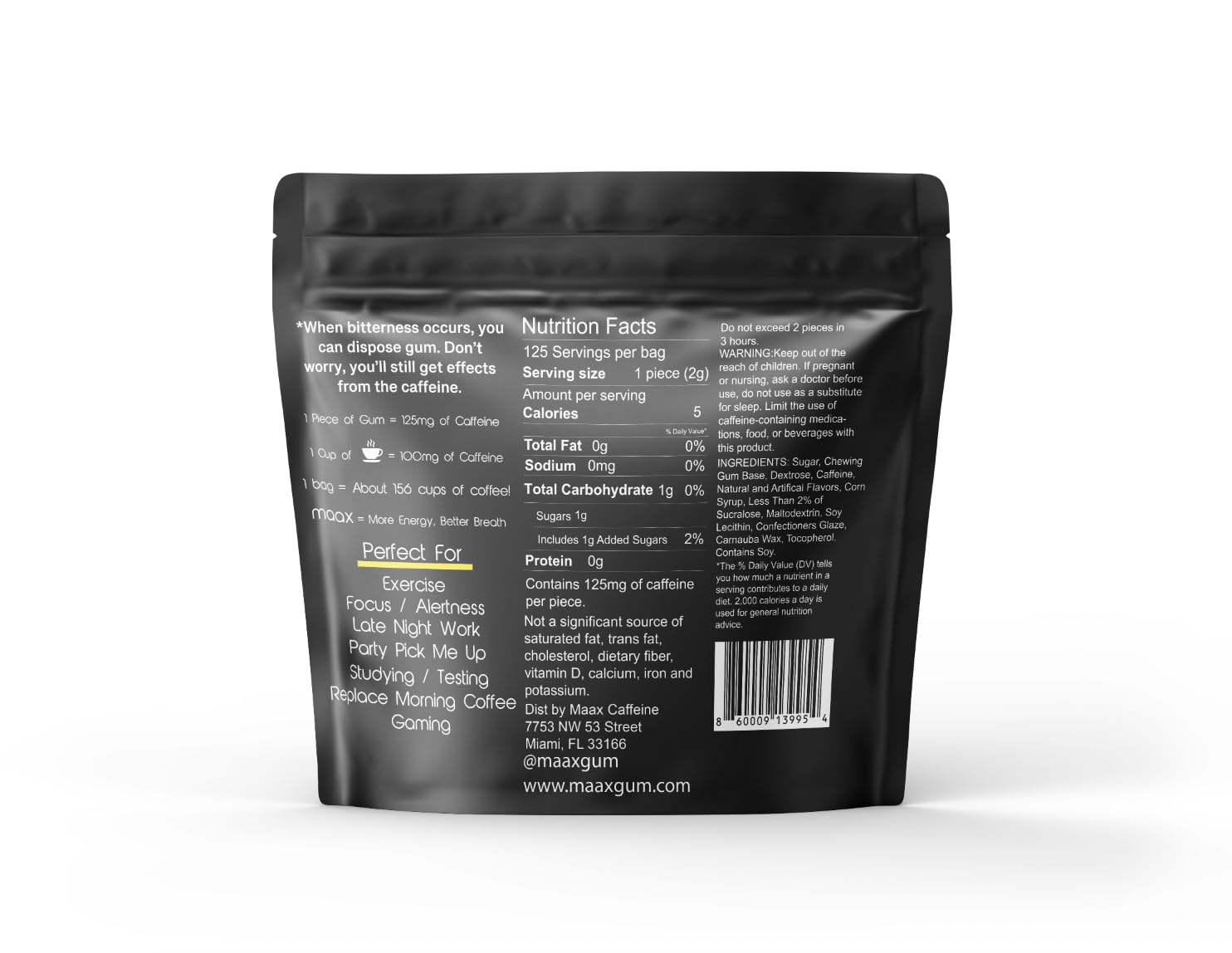 Maax Caffeine Energy Gum | 125mg of caffeine per piece | Tropical Mango | 125 total pieces per bag