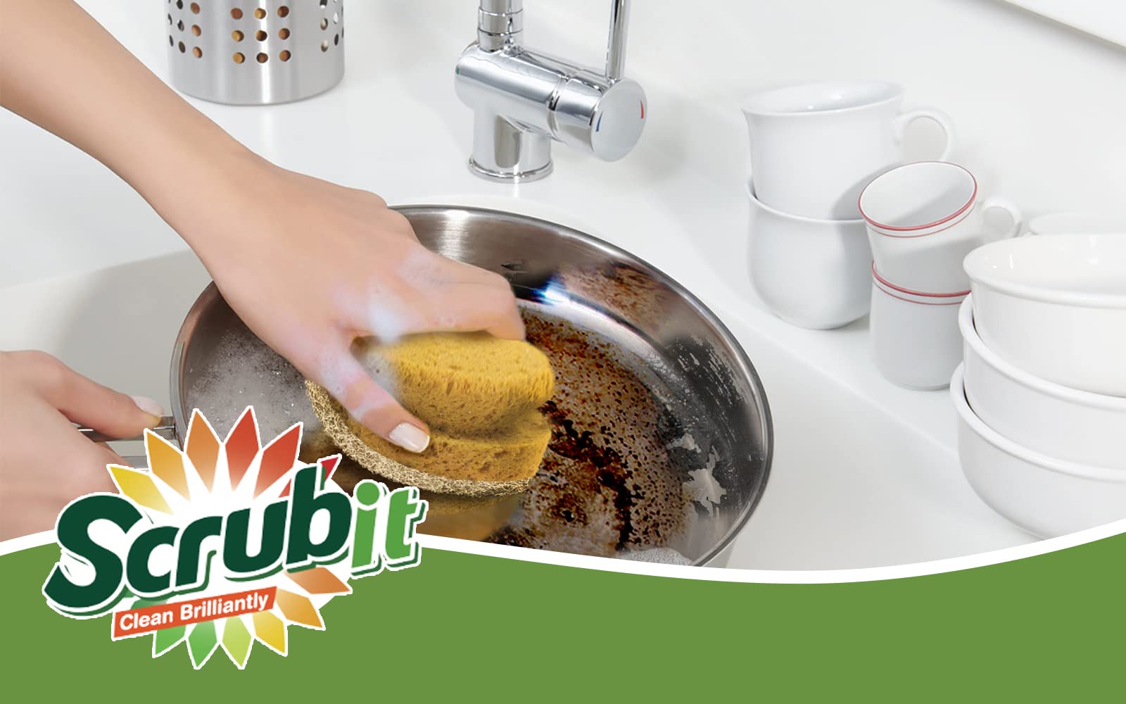 SCRUBIT Natural Scouring Pads, Eco Friendly Scrubbing Sponges for Kitchen Cleaning and Dishes, Non-Scratch Dish Scrubber with Easy-Grip Sponge Handle