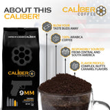Caliber Coffee 9MM Ground Medium Roast - Complex, Nutty, Caramel Flavors - 100% Artisan Roasted Arabica Coffee - Small-Batch, Hand-Crafted - Veteran