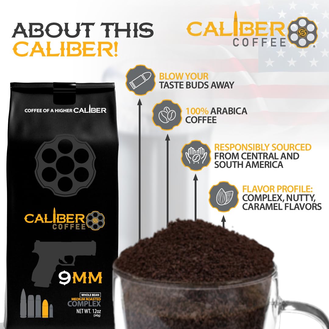 Caliber Coffee 9MM Ground Medium Roast - Complex, Nutty, Caramel Flavors - 100% Artisan Roasted Arabica Coffee - Small-Batch, Hand-Crafted - Veteran