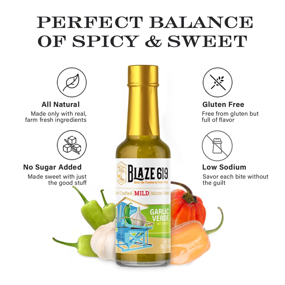 Blaze 619 Garlic Verde Hot Sauce - Mild Spicy Handmade All Natural Gluten Free Sugar Free Low Sodium (5 oz.)