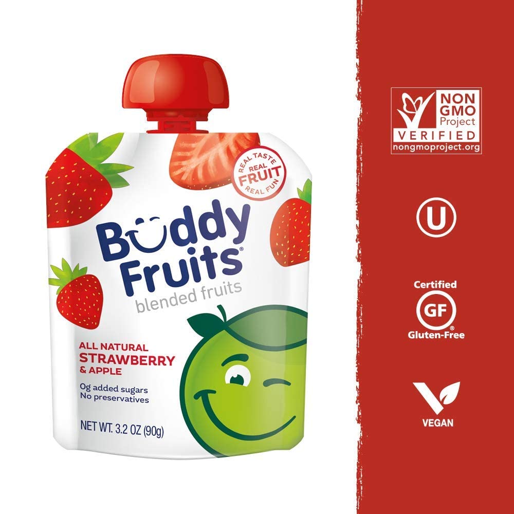 Buddy Fruits Variety Pack Fruit Pouches for Kids - Multifruit & Strawberry Unsweetened Applesauce, 3.2oz Squeeze Pouches (Pack of 24) | 100% Real