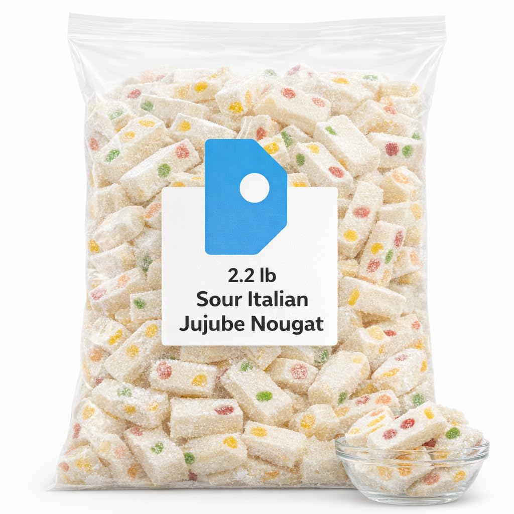 2.2 LB Bulk Bag Sour Italian Jujube Nougat Candies - Soft and Chewy Fruit Jelly Bean - Large Wholesale Pack of Authentic Italian Candy Confections