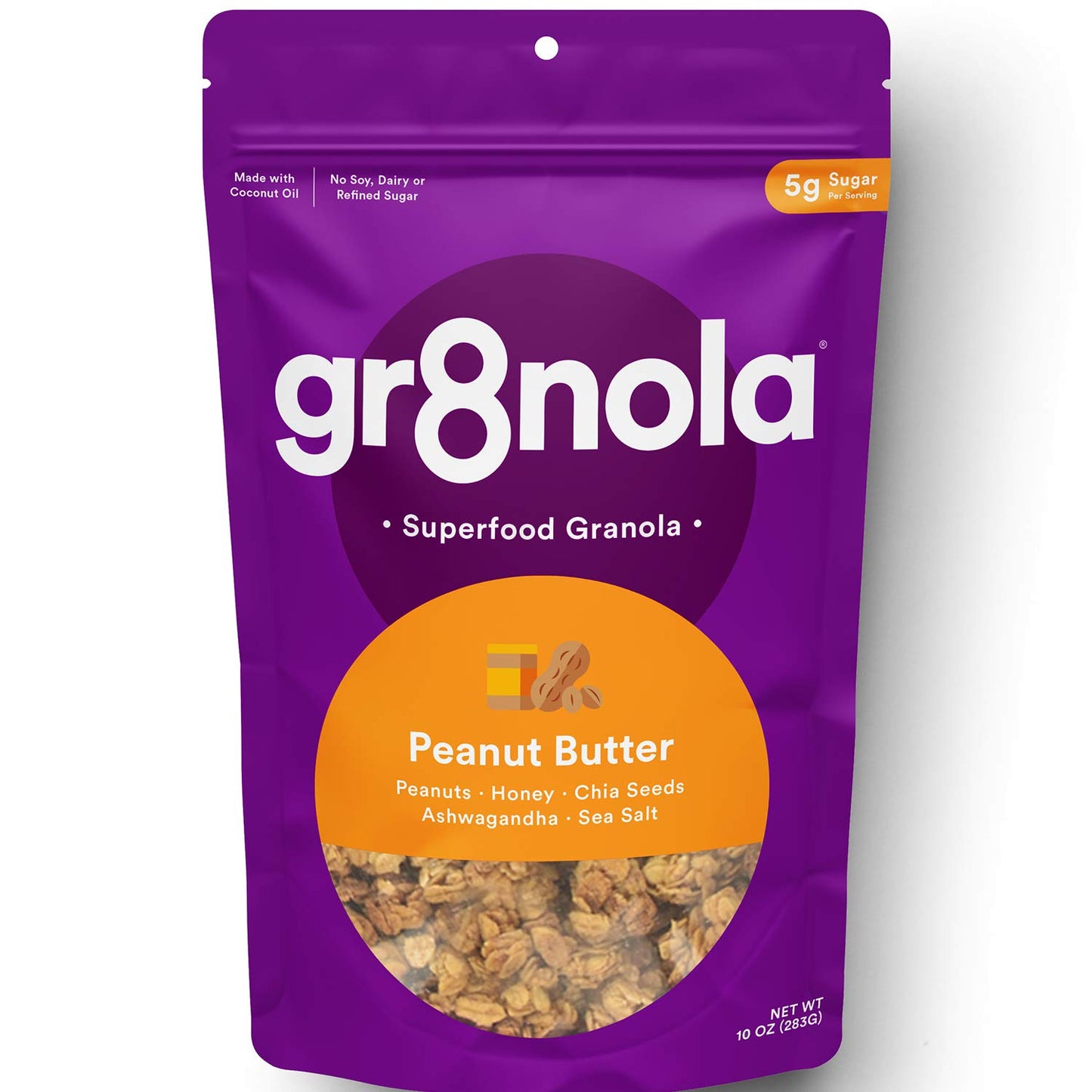gr8nola PEANUT BUTTER - Healthy, Low Sugar Granola Cereal - Made with Superfoods Peanuts, Ashwagandha, and Chia Seeds, Soy Free, Dairy Free and No