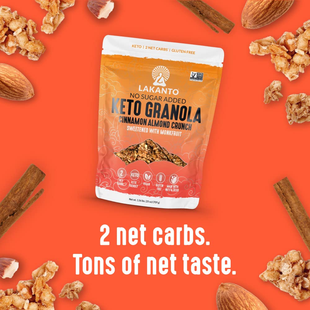 Lakanto Cinnamon Almond Crunch Granola - Monk Fruit Sweetener, Delicious Snack, Quick Breakfast Cereal, Keto Friendly, No Sugar Added, Vegan, Gluten