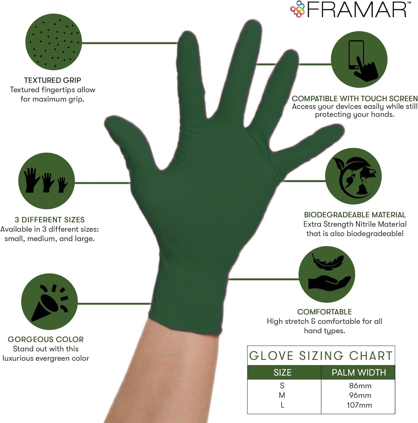 FRAMAR Green Gloves Disposable Latex Free - Heavy Duty Nitrile Gloves Medium, Disposable For Hair Dye, Cooking Glove Medium Nitrile Tattoo Glove