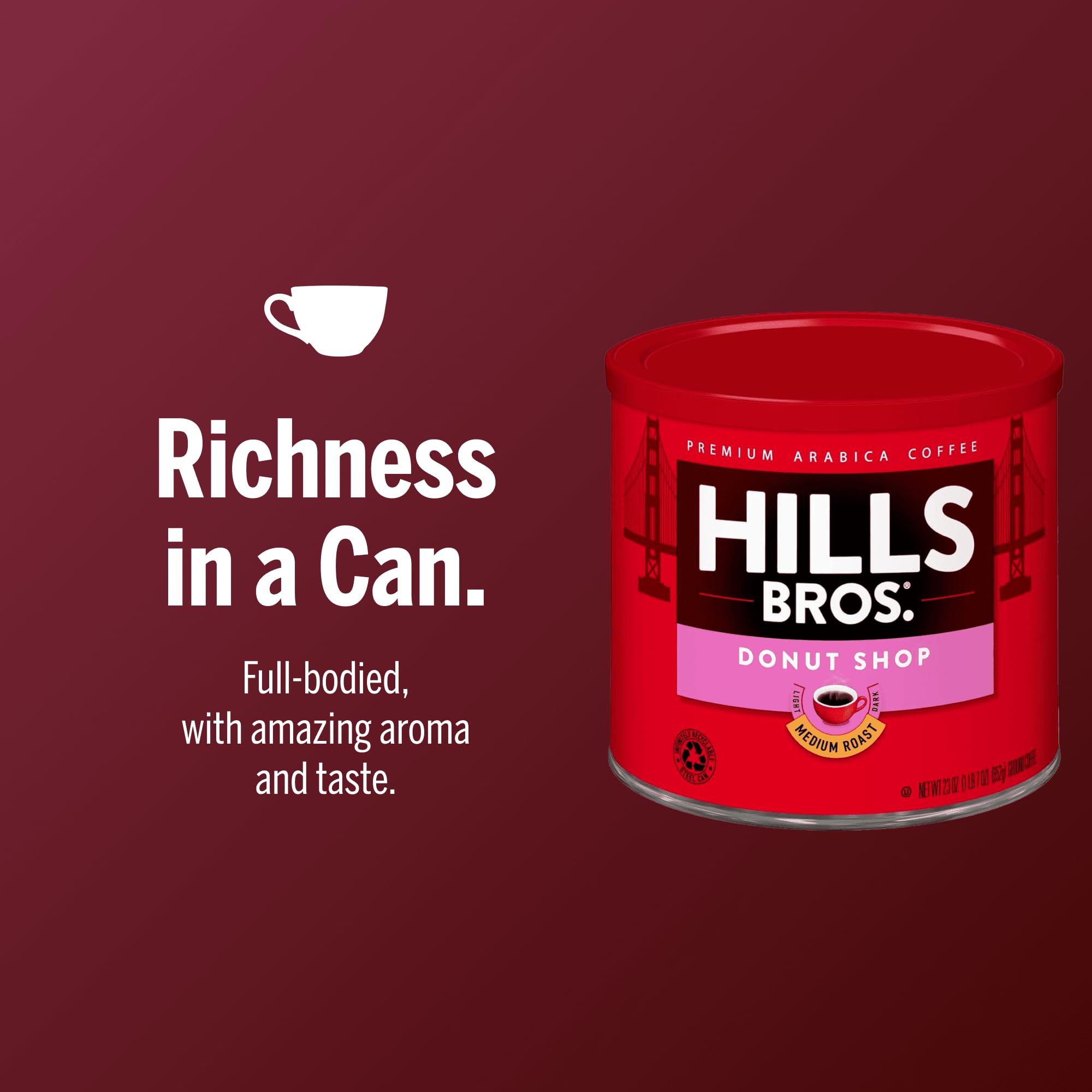 Hills Bros. Donut Shop Ground Coffee - Premium Arabica Coffee Beans - Medium Roast, Rich Flavor Cup After Cup - Recyclable Steel Can for Freshness