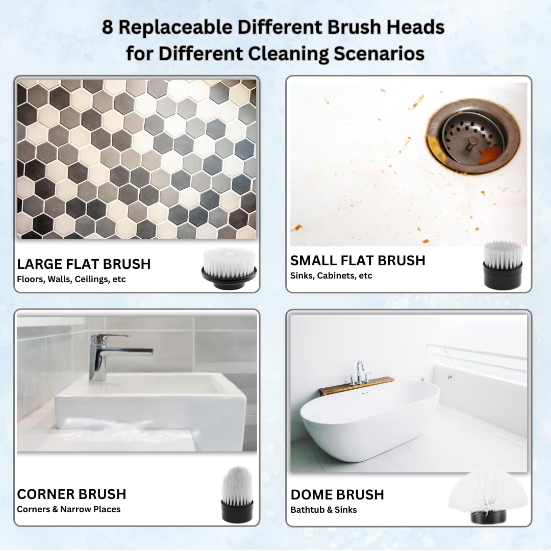 Electric Spin Scrubber, Cordless Cleaning Brush with 8 Replaceable Heads, Adjustable Handle, Dual Speed Power Scrubber for Bathroom, Bathtub, Floor