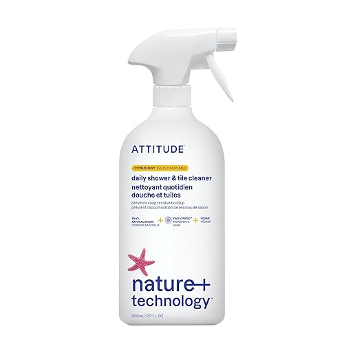 ATTITUDE Shower & Tile Cleaner Spray, EWG Verified, Bathroom Cleaner Removes Soap Scum & Grime, Plant-Based & Vegan, Citrus Zest Scent, 27.1 Fl Oz