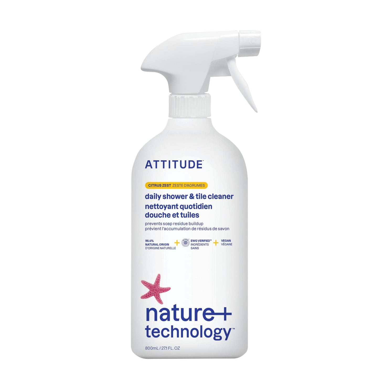 ATTITUDE Shower & Tile Cleaner Spray, EWG Verified, Bathroom Cleaner Removes Soap Scum & Grime, Plant-Based & Vegan, Citrus Zest Scent, 27.1 Fl Oz