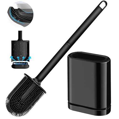 Silicone Toilet Brush and Holder Set, Toilet Brushes with Ventilated Holder, Wall Mounted Toilet Bowl Brush with Long Handle Bendable Brush Head