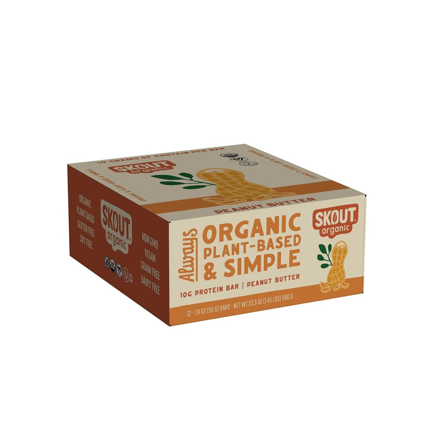 Skout Organic Plant-Based Protein Bars Peanut Butter (12 Pack) - 10g Protein - Vegan Protein Bars - Only 3 Ingredients - Easy Snack - Gluten, Dairy