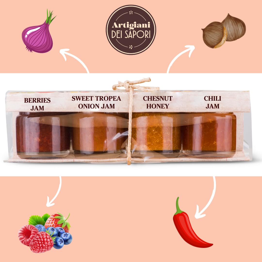 Artigiani dei Sapori “La Formaggeria” Cheese Condiment 4-Pack - Sweet Tropea Onion Jam, Chili Jam, Chestnut Honey & Mixed Berries Jam (1.3 oz x 4)