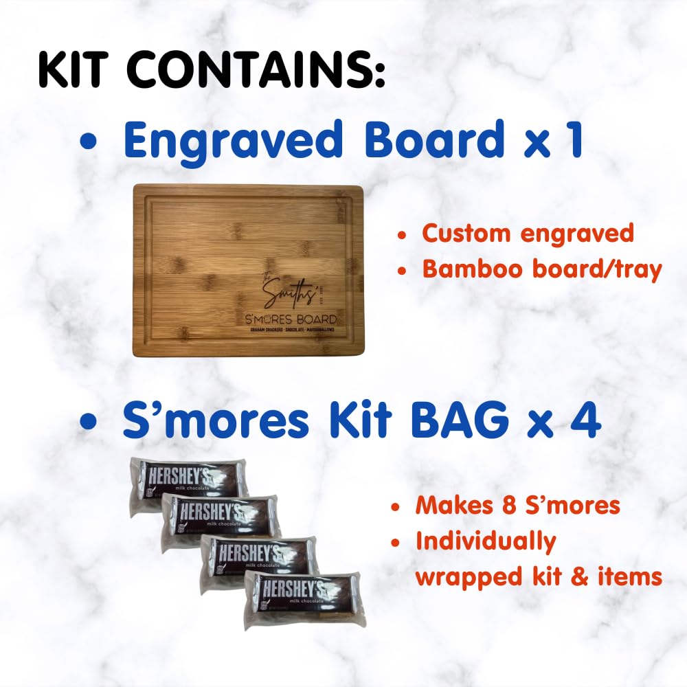 WBB SMORES KIT BOARD | Personalized Engraved Serving Board + S'mores Kit | Individually packaged S'mores Kit set: Graham Crackers, Marshmallow