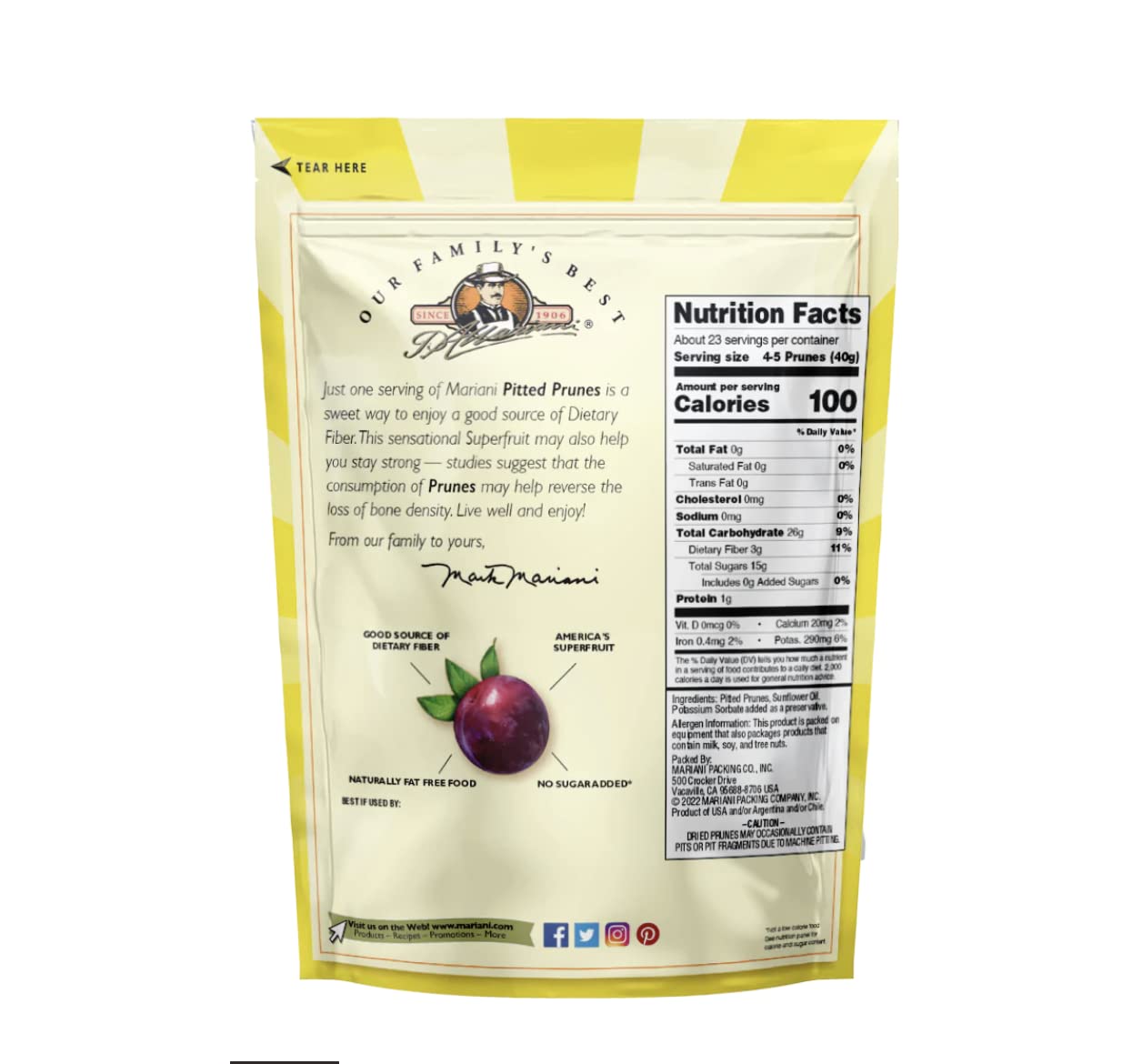 Mariani | Pitted Prunes | Dried Fruit | Healthy, Vegan, Gluten Free Snack for Kids & Adults | No Sugar Added | 32 Ounces (Pack of 1) - Resealable Bag