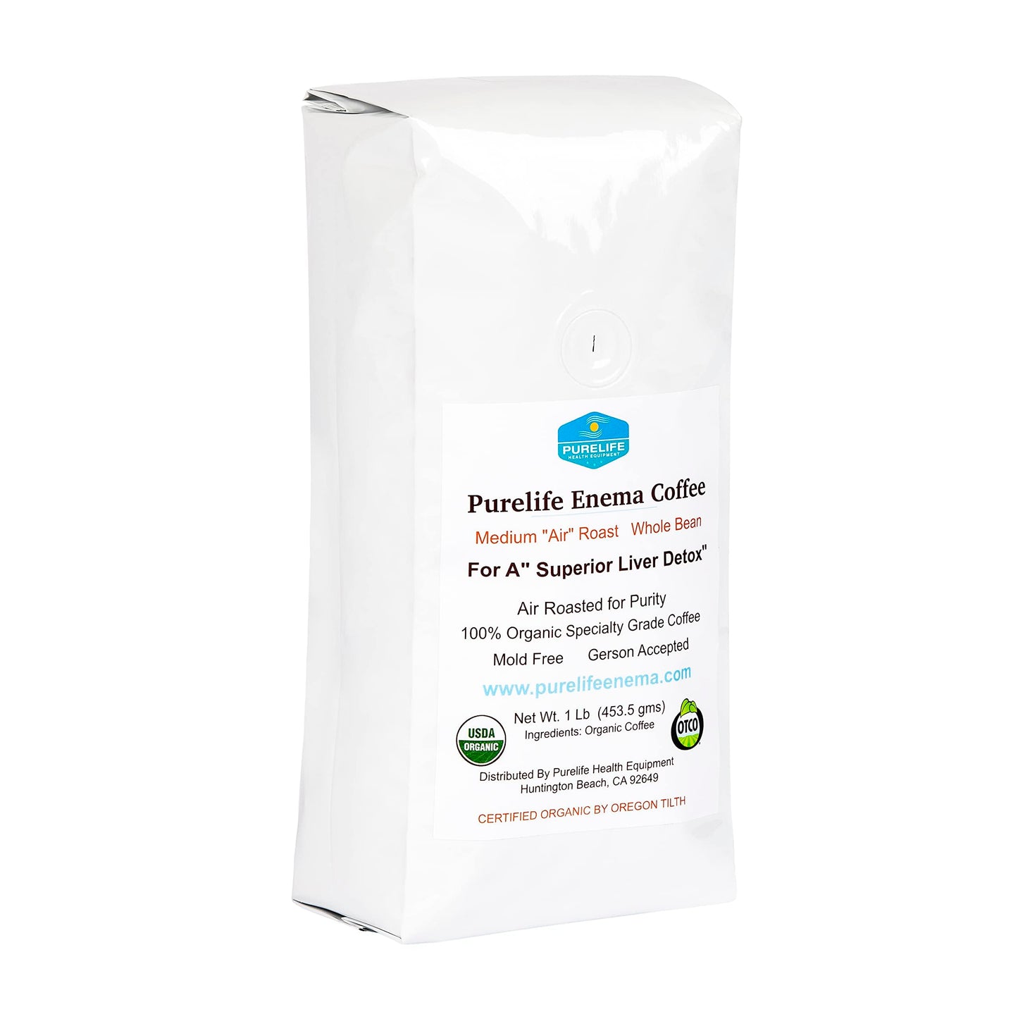 Purelife Enema Purelife Mold-Free/Mycotoxin Safe Coffee for Enemas / 1 Lb Whole Bean - Medium Air Roast -100% Organic/Gerson Recommended - Ships