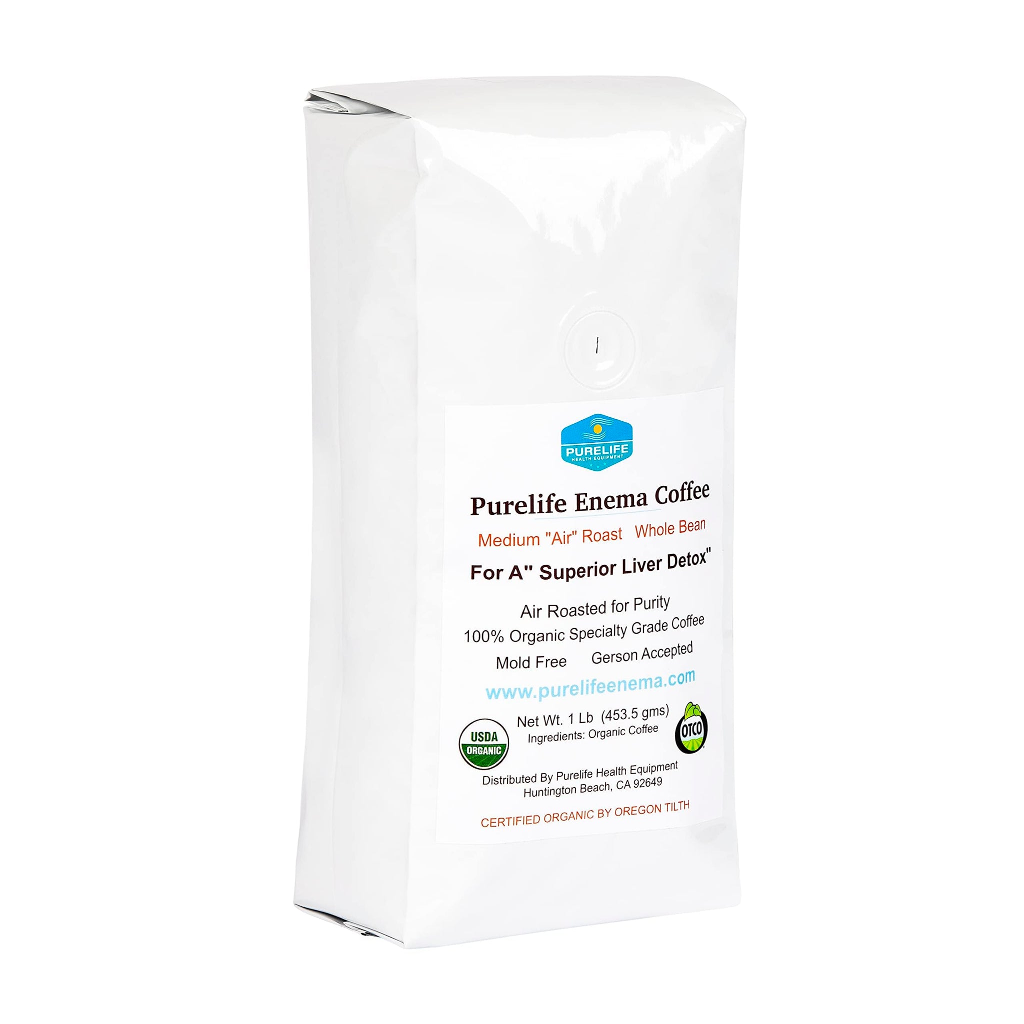 Purelife Enema Purelife Mold-Free/Mycotoxin Safe Coffee for Enemas / 1 Lb Whole Bean - Medium Air Roast -100% Organic/Gerson Recommended - Ships