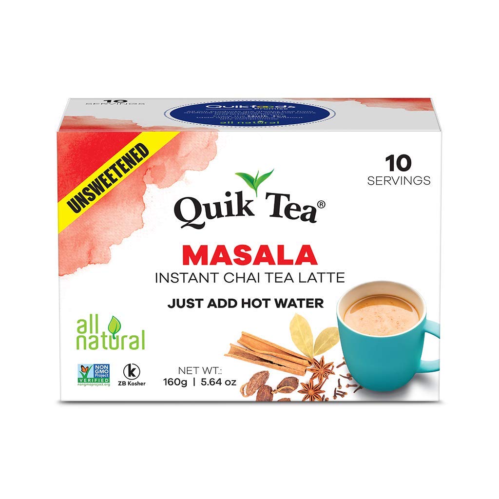 QuikTea Unsweetened Masala Chai Tea Latte - 100 Count (10 Boxes of 10 Each) - All Natural Preservative Free Authentic Instant Chai
