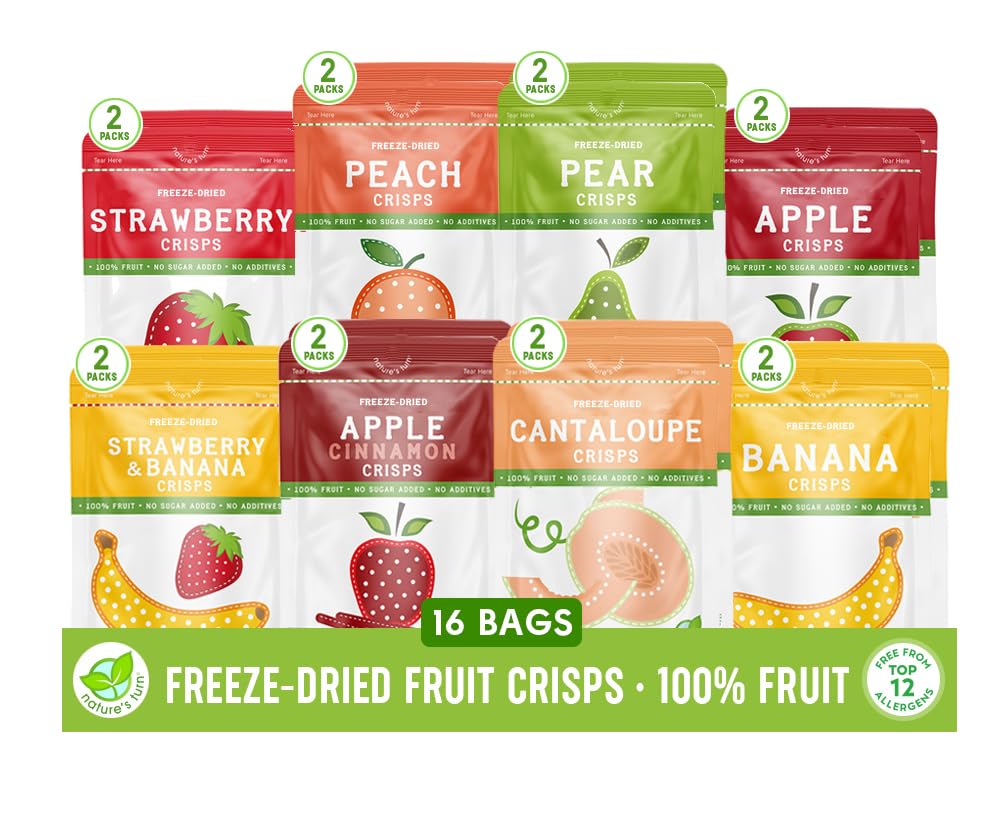 Nature's Turn Freeze-Dried Fruit Crisps - Mega Variety, 16 Bags (0.53oz Each) - Healthy, Gluten-Free, Crispy & Delicious Snack - Ideal for Cereal