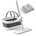 Oshang Flat Mop and Collapsible Bucket OG7 with Wheels, 2 Washable Reusable Microfiber Pads, Pure White