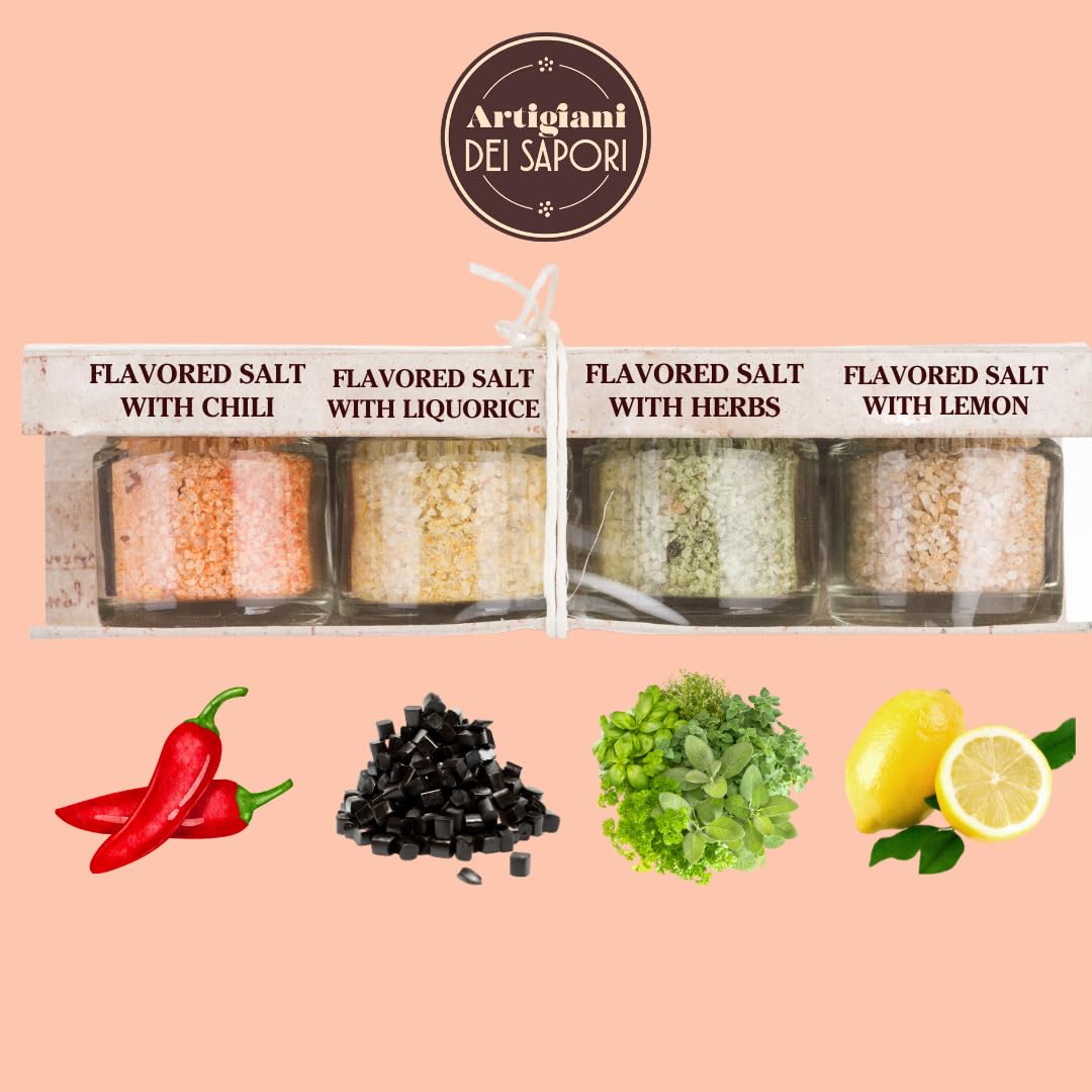 ARTIGIANI DEI SAPORI - Infused Sicilian Salts "Sali Aromatizzati", Flavored Salt with Liquorice, Herbs, Lemon, Chili, Italian Gifts - Pack of 4