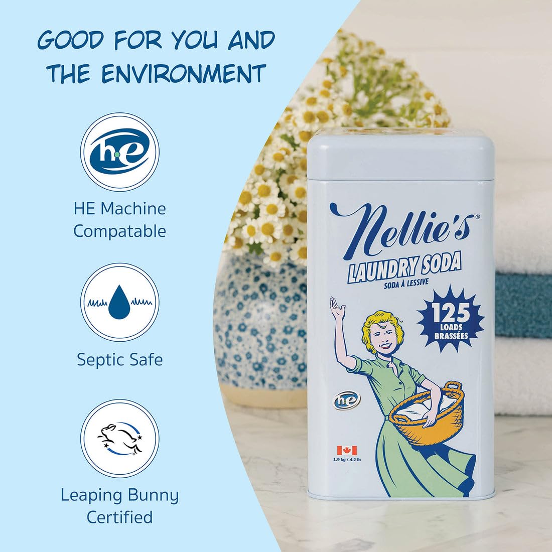 Nellie’s Laundry Soda 125 Loads - Laundry Powder Detergent - 4 Ingredients - No Residue - HE & Septic Safe - Made in Canada