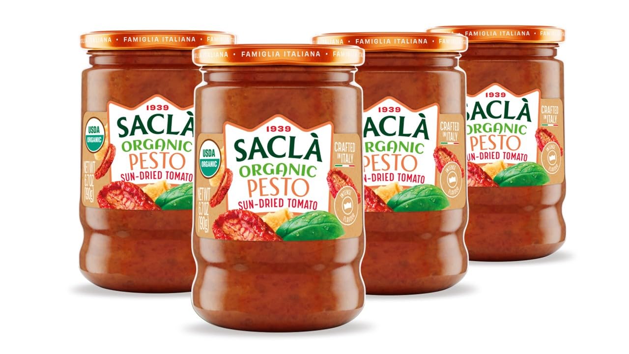 SACLA USDA Organic Sundried Tomato Pesto 4-Pack | Authentic Imported Italian Sun-Dried Tomatoes and Cheese Sauce | FOUR 6.7 oz Glass Jars | Non-GMO |
