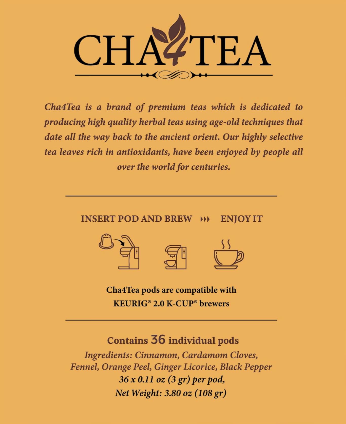 Cha4TEA 36-Count Herbal Chai Tea Pods Compatible with Keurig K-Cup Brewers