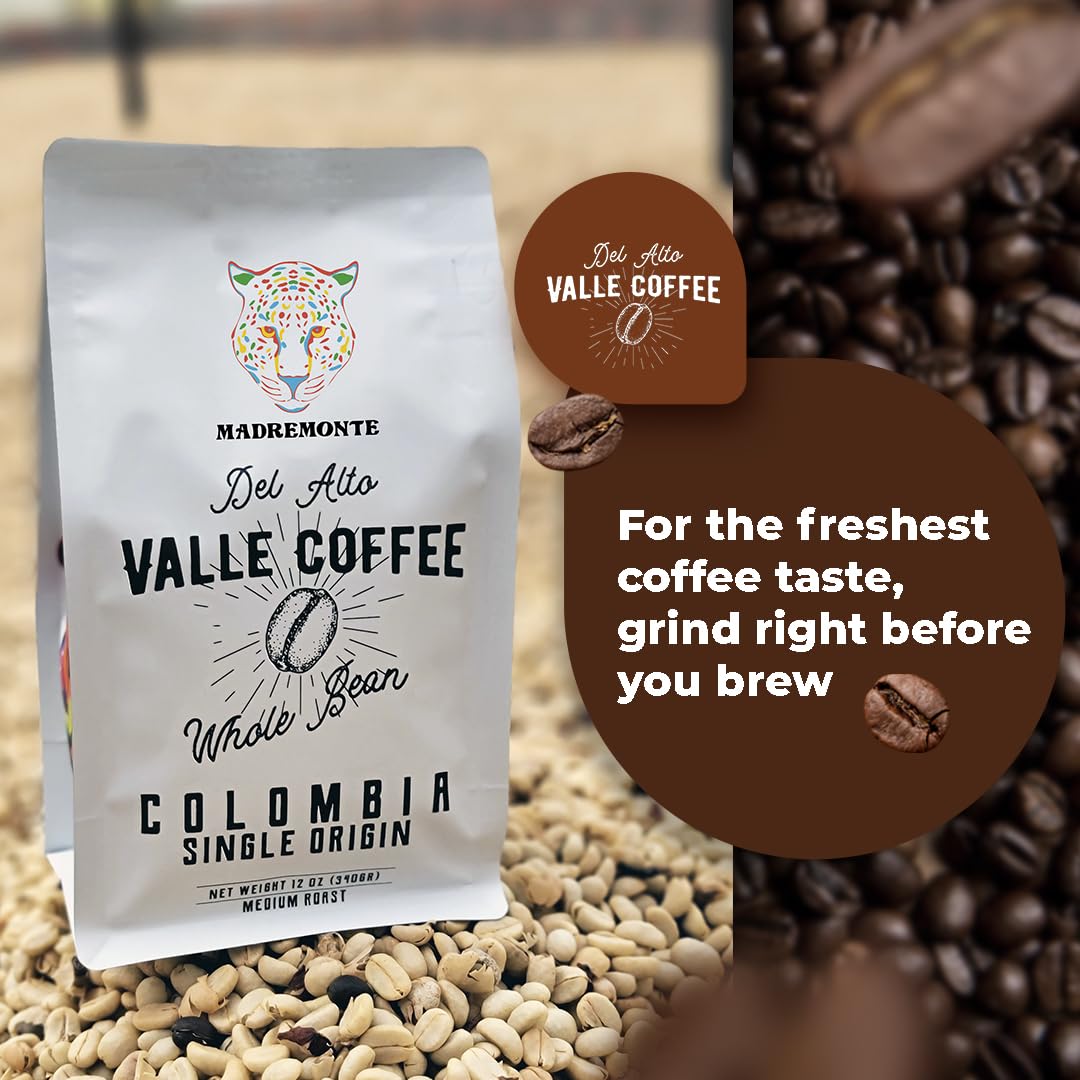 Del Alto Valle Coffee, Colombia Single Origin, Whole Bean, Medium Roast, 12 oz, Honey processed and natural (Madremonte)