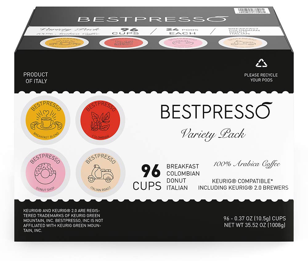 Bestpresso Coffee, Variety Pack Single Serve K-Cup Pods, 96 Count. Includes Breakfast, Colombian, Donut and Italian (Compatible With 2.0 Keurig