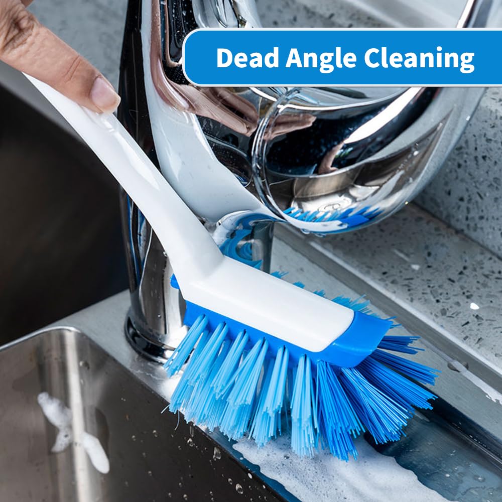2 Pack Long Handle Kitchen Cleaning Brush with Built-in Scraper, Hard Bristle Dish Scrubber for Pots, Pans, Non-Stick Cookware, Sinks, Countertops